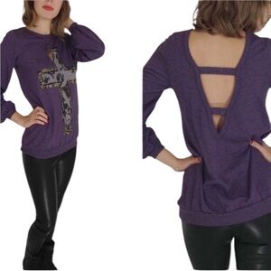 CHASER Purple Metallic Cross Back Sweatshirt Pullover Top Size S